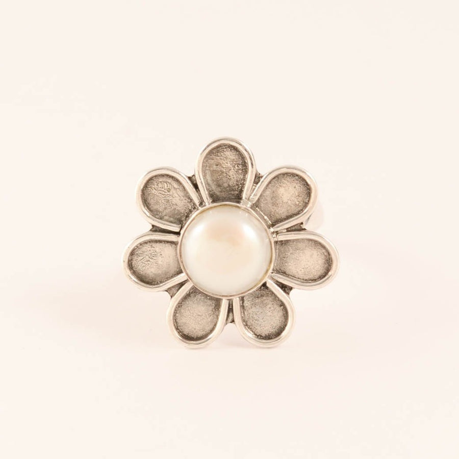 Flower with Pearl Centre - Sterling Silver Ring